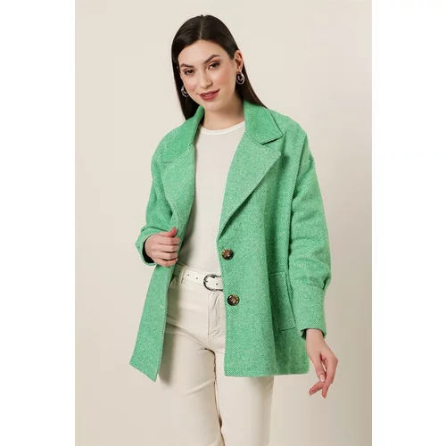 By Saygı Oversize Lined Stamped Jacket with Pockets with Cuff Sleeves, Green