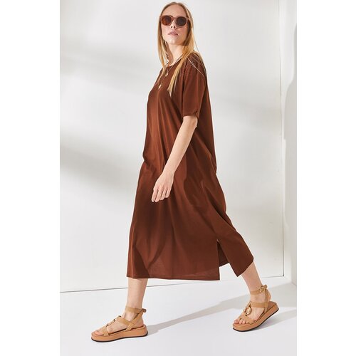 Olalook Women&amp;#039;s Bitter Brown Slits Oversized Cotton Dress Slike