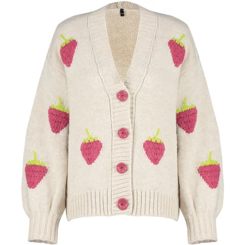 Trendyol Stone Soft Texture Strawberry Embroidered Knitwear Cardigan