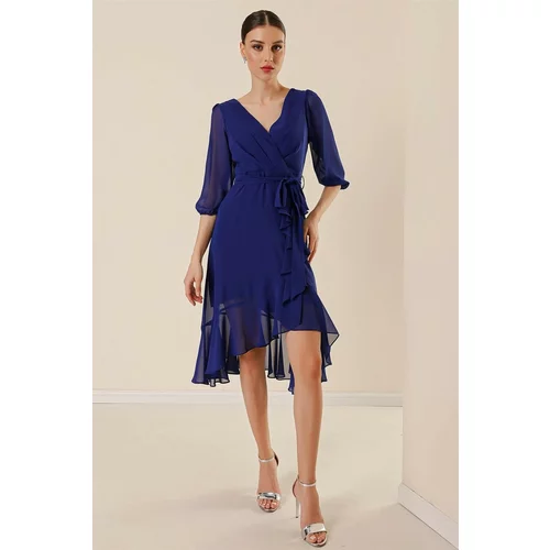 By Saygı Double Breasted Collar Skirt Flounced Waist Belted Lined Balloon Sleeve Wide Size Chiffon Dress