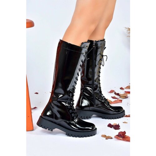 Fox Shoes Women's Black Patent Leather Laced Daily Boots Slike