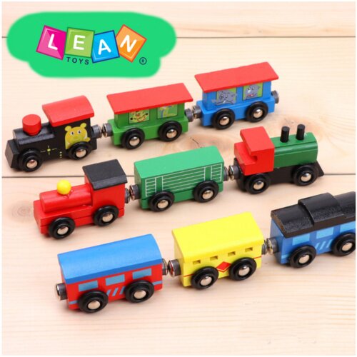Lean Toys set lesenih vlakcev in lokomotiv z magnetom, 12 kos Slike