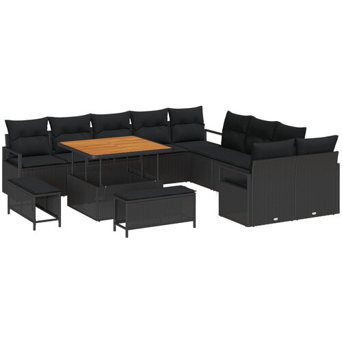 vidaXL Set od 13 komada Vrtne Sofe s Jastučićima Crna Poli Ratan Akacija, 2-Sjedala Vrtna Sofa s Jastučićima Crna Poli Ratan, Set od 3 komada Vrtne Trpeze s Jastučićima Crna Poli Ratan Akacija Cijene