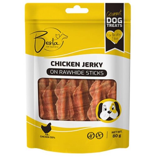 BESTA Poslastica za pse Jerky on Rawhide Stick, Piletina, 80 g Slike