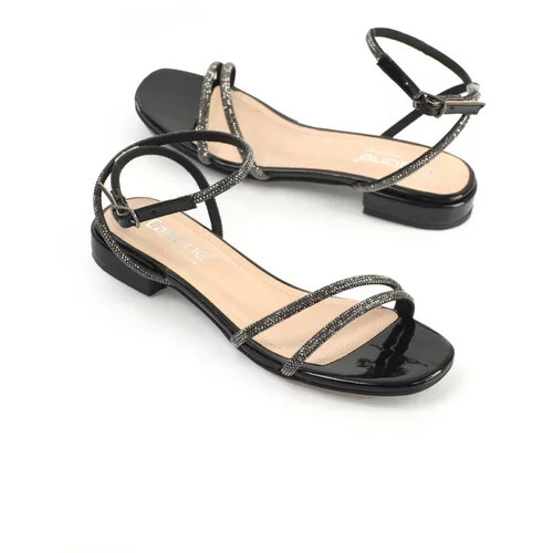 Capone Outfitters Capone Women's Oval Toe, Double Bands with Stones on the Front and Short Heels Patent Leather Black Women's Sandals.