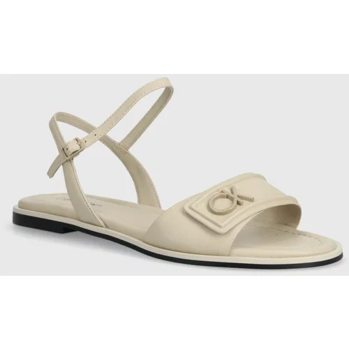 Calvin Klein Usnjeni sandali FLAT SANDAL RELOCK LTH ženski, bež barva, HW0HW01942
