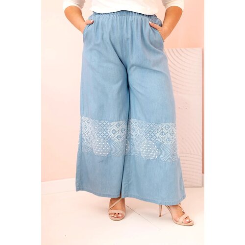 Kesi Włoski Plus Size women's trousers with wide legs and ethnic embroidery light denim Cene