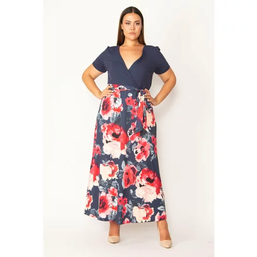 Şans Women's Navy Blue Plus Size Wrap Neck Skirt Floral Patterned Dress