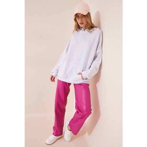 Women&amp;#039;s Gray Melange Hooded Oversized Knitted Sweatshirt Slike