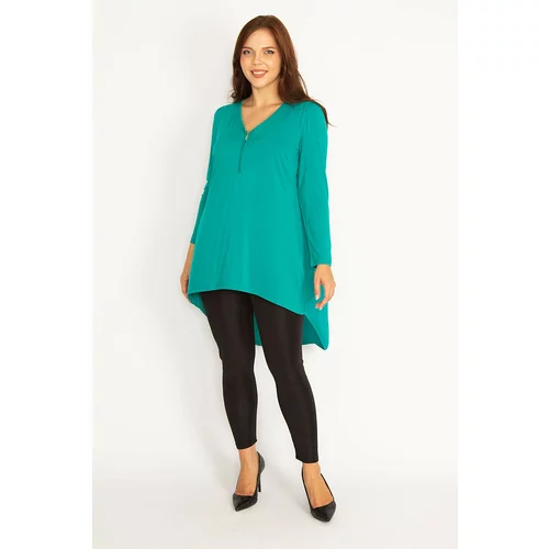 Şans Women's Plus Size Green Front Patio Zippered Back Detailed Viscose Tunic