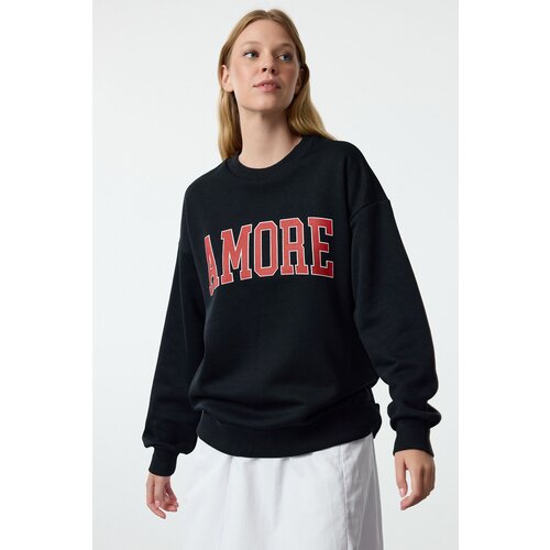 Trendyol Navy Blue Thick Fleece Inside Oversize/Wide Cut Slogan Embroidered Knitted Sweatshirt Cene