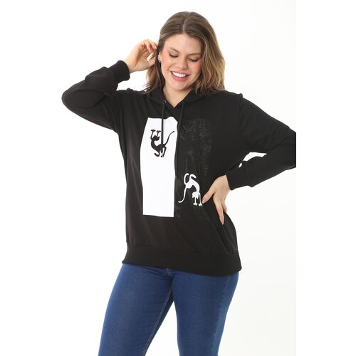 Şans Women's Plus Size Bone Stone And Print Detail Hooded Sweatshirt Slike