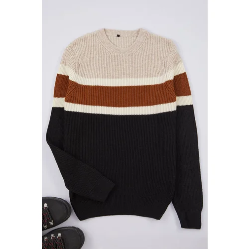 Trendyol Black Slim Crew Neck Color Blocked Knitwear Sweater