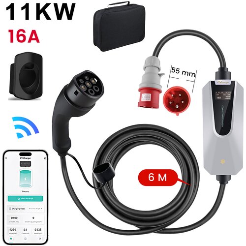 JUNSUN tip 2 EV električni avtomobilski polnilni kabel – 11 kW, nastavljiv tok, LCD zaslon, prenosni polnilnik 6 m z vtičem Schuko 6-16A IP67 APP, (22148587) Cene