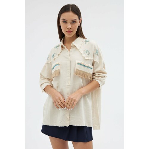 Laluvia Stone Bead Embroidered Tasseled Linen Shirt Slike