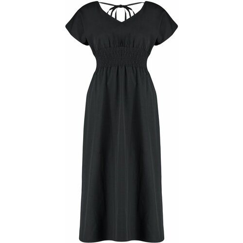 Trendyol Curve Black V Neck Woven Dress with Gathered Waist Slike