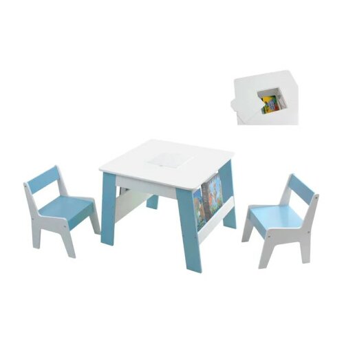 Kinder_Home dečiji drveni sto sa 2 stolice, sa korpom za igračke, konstruktore i ostavu za knjige - bela/plava ( TF-6266 ) Slike