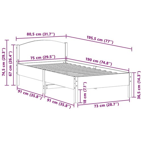 Okvir kreveta bez madraca 75 x 190 cm od masivne borovine Slike