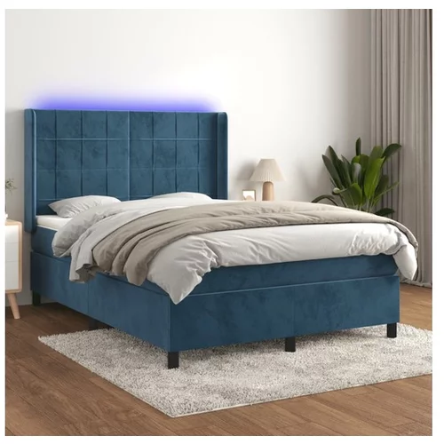  Box spring postelja z vzmetnico LED temno modra 140x200cm žamet