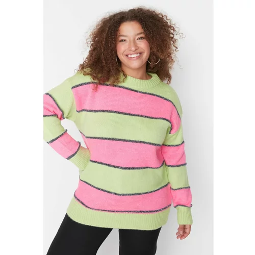 Trendyol Curve Green Striped Stand Up Collar Knitwear Sweater
