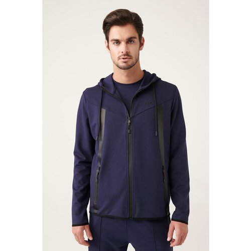 Avva Men's Navy Blue Interlock Fabric Hooded Collar Zipper Printed Standard Fit Regular Fit Sweatshirt Slike