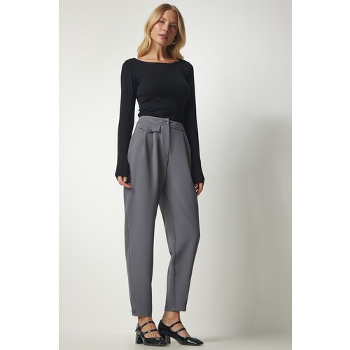 Happiness İstanbul Women's Gray Elegant Woven Pants with Buttons Slike