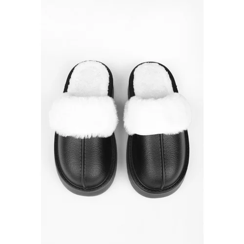 Shoeberry Women's Fluff Black Faux Leather Matte Fur Inside Flat Sole House Slippers