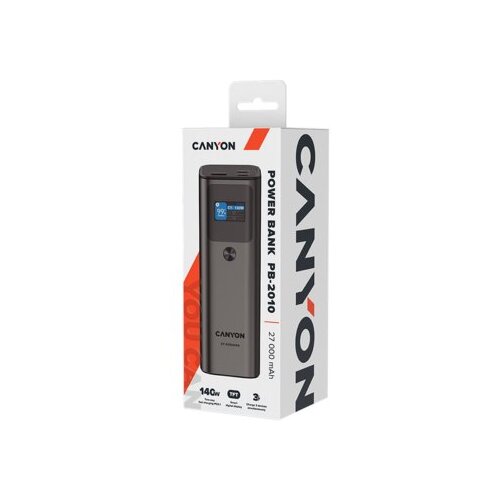 Canyon PB-2010, allowed for air travel power bank 27000mAh/97.2Wh li-poly battery, in/out:2xUSB-C PD3.1 140W, out:usb-a qc 3.0 22.5W,TFT display,dark grey Slike