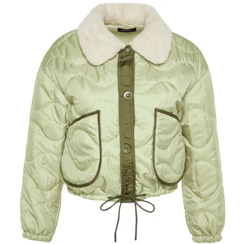 Trendyol Light Khaki Oversized Water-Repellent Quilted Inflatable Coat with Color Block and Plush Collar Detail