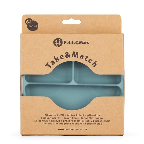 Petite&amp;amp;Mars Silikonski okrugli tanjur s odjeljcima i vakuumom 6 m+ Take&amp;amp;Match, Frosted Sky Slike