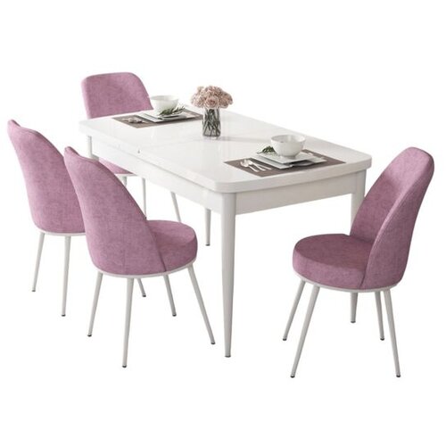Hanah home trpezarijski set Via, sto na razvlačenje i 4 stolice, bela ploča, roze tkanina Jerry Cene