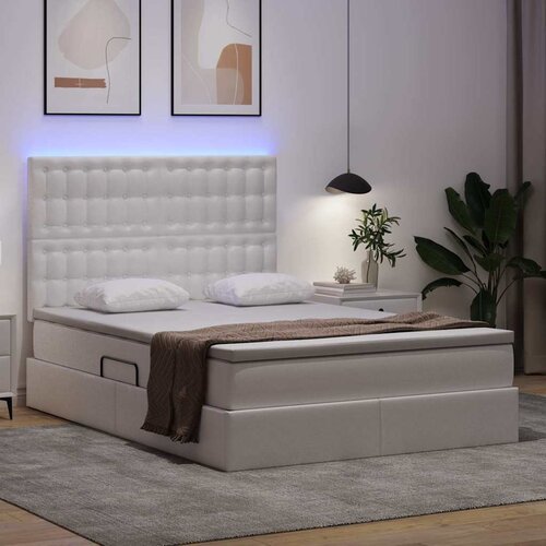  Krevet s prostorom za pohranu s LED-om Čista bijela Lažna koža 140 x 200 cm Slike