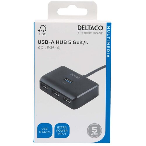 Deltaco USB-A hub 4x USB-A, , 5 Gbps, z dodatno vhodno močjo, ČRNA Slike