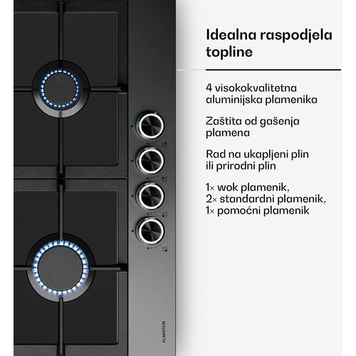 Klarstein Verosteel plinsko kuhalo, 4 plamena, električno paljenje, kompatibilno s zemnim plinom i LPG-om, 8000 W, 60cm Slike