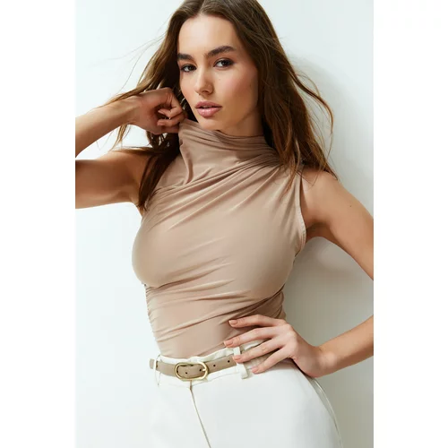 Trendyol Beige Zero Sleeve Gathered Formal Stretch Knitted Blouse