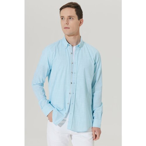 ALTINYILDIZ CLASSICS Men's Turquoise Slim Fit Slim Fit Buttoned Collar Linen-Looking 100% Cotton Flared Shirt. Slike