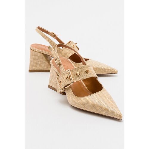 LuviShoes NEPIDO Beige Straw Women's Pointed Toe Open Back Thick Heeled Shoes Cene