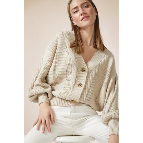 Happiness İstanbul Women's Cream Knitted Balloon Sleeve Loose Knitwear Cardigan Slike