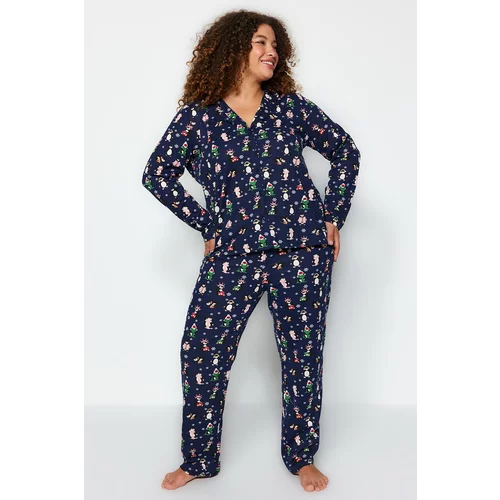 Trendyol Curve Plus Size Pajama Set - Dark blue - Patterned