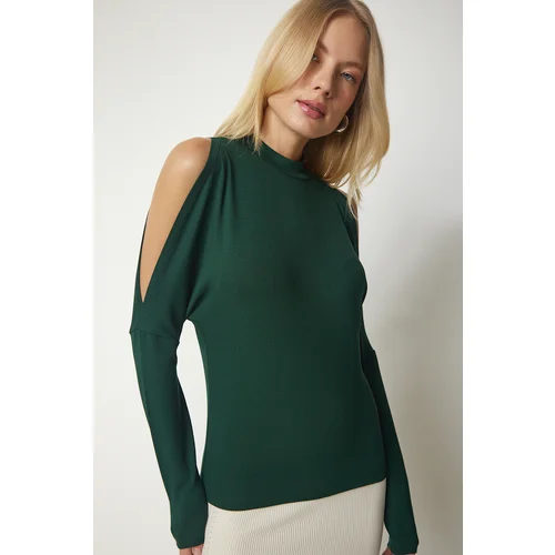  Women's Emerald Green Stand-Up Collar Knitwear Blouse with Decollete