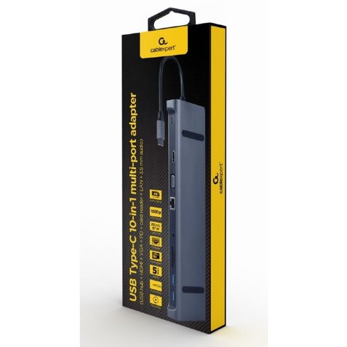 Gembird A-CM-COMBO10-01 USB Type-C 10-in-1 multi-port adapter(USB hub+HDMI+VGA+PD+card r+LAN+3.5mm) Cene