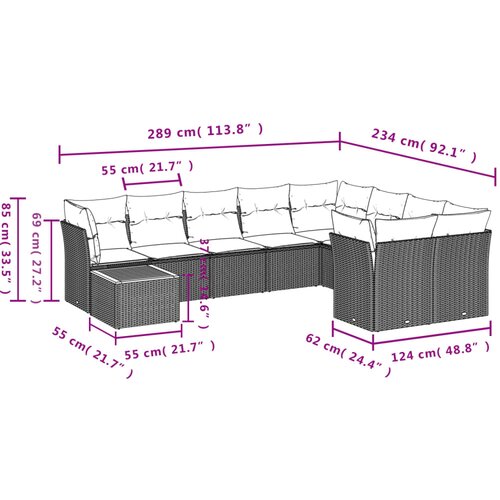  10-dijelni set vrtnih sofa s jastucima crni od poliratana Slike