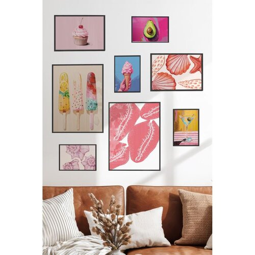 Wallxpert set od 8 manjih uramljenih slika &amp;Ccedil;gs-076, roze motivi &amp;ndash; kolači, sladoled, avokado i &amp;scaron;koljke, crni ram Slike