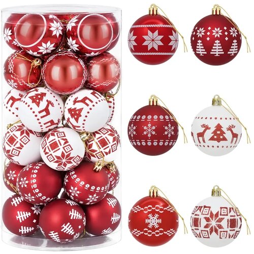  Set božićnih kuglica 30 kom. Crvena i bijela &amp;Oslash; 6 cm Plastika - Crvena i bijela (klasični nordijski motiv) Slike