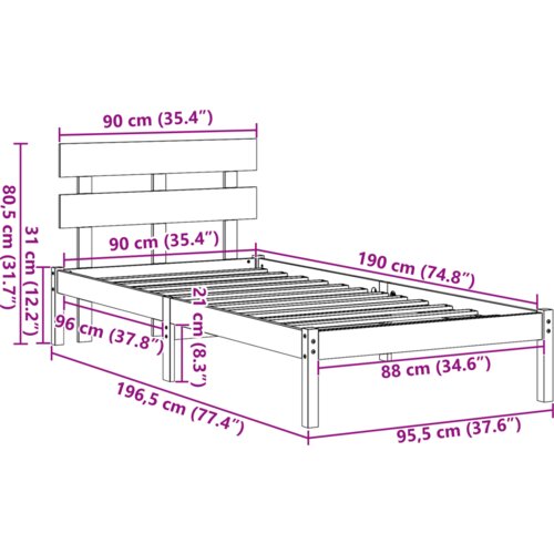 VidaXL Krevetna konstrukcija s uzglavljem 90x190 cm od masivnog drva borovina Slike