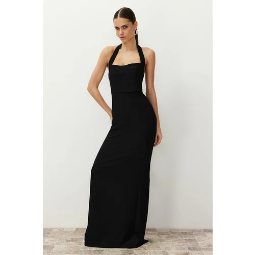 Trendyol Black Body-fitting Woven Turndown Collar Long Evening Evening Dress