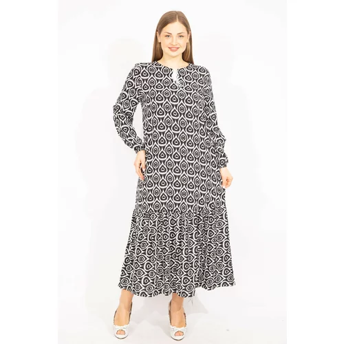 Şans Women's Plus Size Black Woven Viscose Fabric Skirt Tiered Long Sleeve Dress
