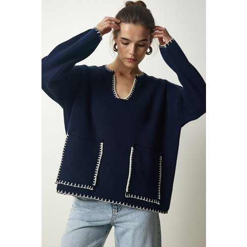 Happiness İstanbul Women's Navy Blue Stitch Detailed Pocket Knitwear Sweater Slike