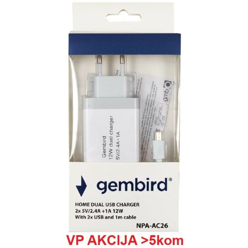 Gembird NPA-AC26 ** punjač za telefone i tablete 2x5v/24A+1A 12W +micro USB DATA kabl 1M (263) Cene