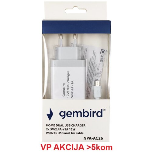 Gembird NPA-AC26 ** punjač za telefone i tablete 2x5v/24A+1A 12W +micro USB DATA kabl 1M (263) Slike